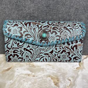 Turquoise Brown Floral Western Envelope Wallet Decorative Magnet Snap Trifold